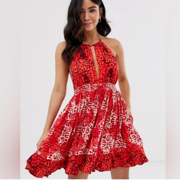 Free People NWT Beach Day mini Red Halter Neck Dress - Picture 2 of 8